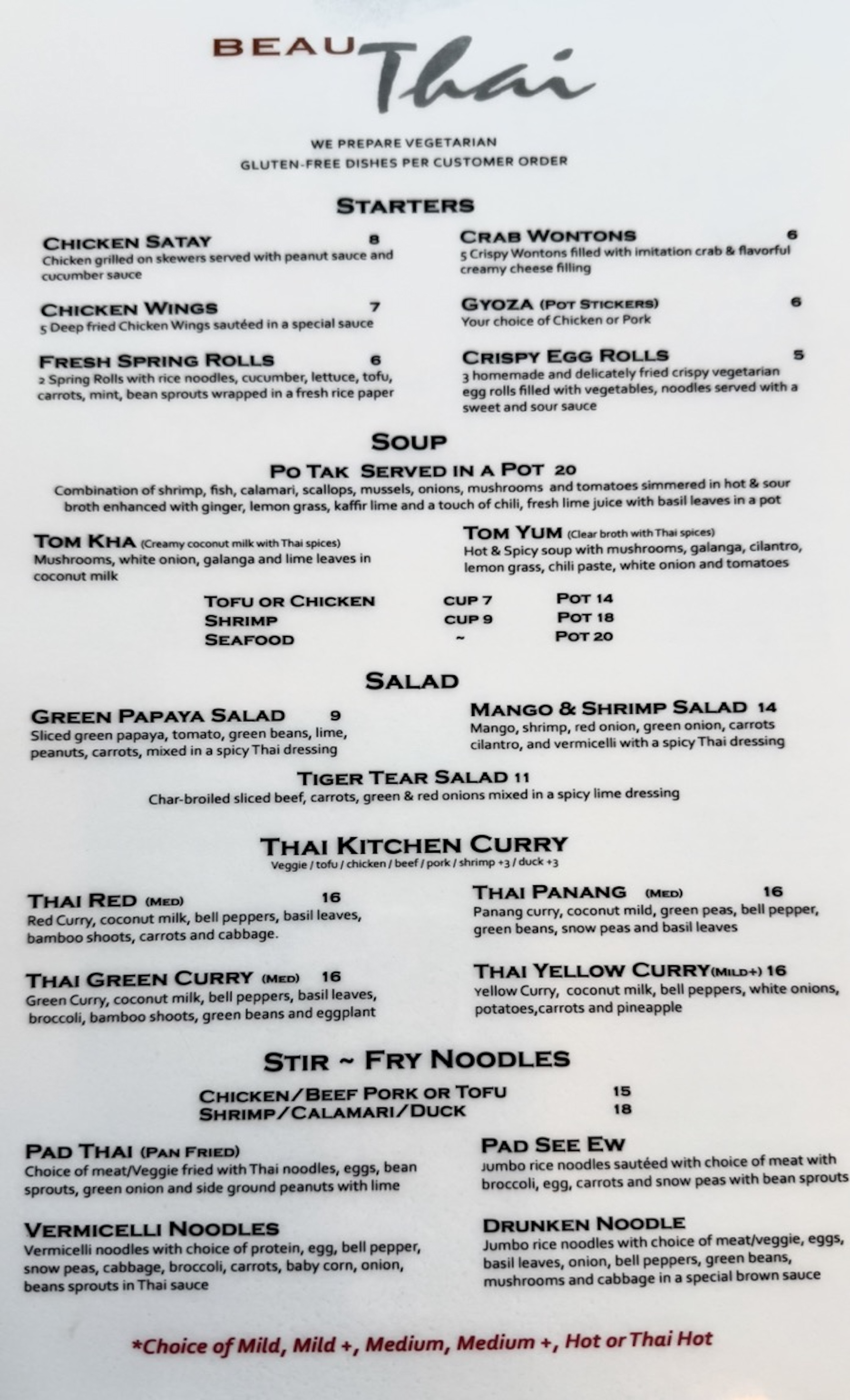 Beau Thai 2 - Castle Rock, Colorado - Menu Page One